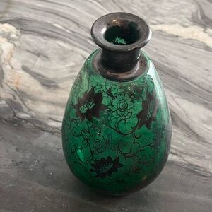 Antique Green Venetian Glass Bottle With Silver Overlay No Stopper 6.5” High